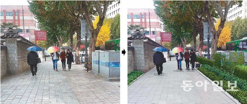 서울 종로구 운현궁로가 꽃단장을 한다. 운현궁 담과 가로수만 있어 황량하던 운현궁로(왼쪽 사진)가 올해 안에 꽃과 풀, 쉼터가 있는 거리로 변모한다. 서울시 제공