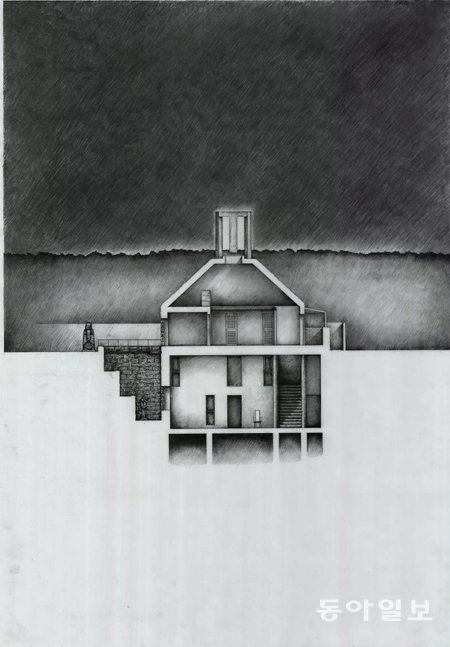 원시성을 추구했던 이타미준 중기의 대표작인 ‘각인의 탑’(1988년) 드로잉. 국립현대미술관 제공
