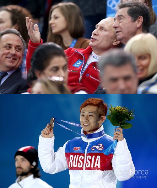 푸틴(위) 대통령과 시상대에 선 안현수(아래). 사진제공=Gettyimages/멀티비츠