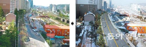 마포구 성암로의 확장 전(왼쪽)과 확장 후(조감도)의 모습. 서울시 제공
