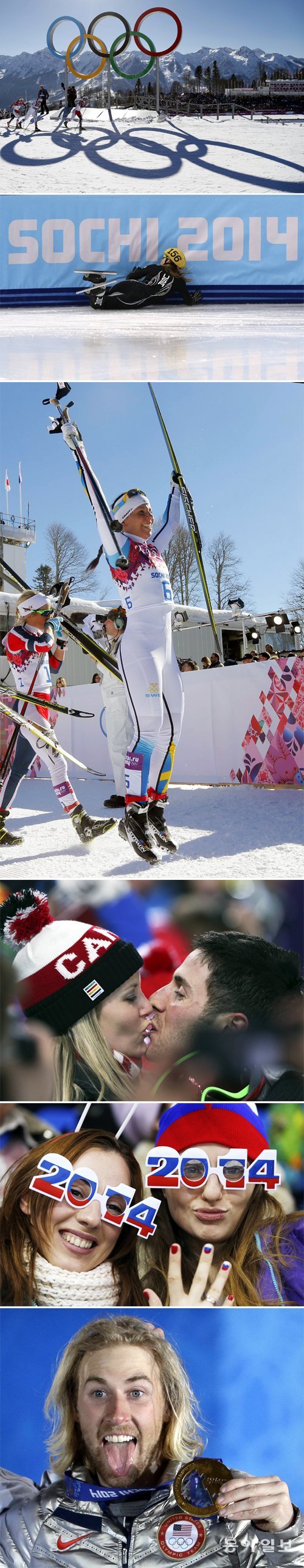 [1]노르웨이의 마리트 비에르옌(오른쪽) 등 여자 크로스컨트리 스키 선수들이 8일 라우라 크로스컨트리 장에서 열린 15km 
결선에서 오륜동상 앞을 질주하고 있다. 비에르옌은 38분33초6으로 우승하며 대회 2연패에 성공했다. 비에르옌은 2002년 
솔트레이크 대회부터 4회 연속 출전하며 올림픽 메달만 9개(금 4개, 은 3개, 동 1개)를 획득해 ‘철의 여인’으로 불린다. [2]미국의 제시카 스미스는 10일 아이스버그 스케이팅 팰리스에서 열린 쇼트트랙 여자 500m 예선에서 넘어지는 바람에 우승 꿈을 일찌감치 날려버렸다. [3]스웨덴의 샤를로테 칼라가 8일 열린 여자 크로스컨트리 스키 15km에서 은메달을 획득한 뒤 기뻐하고 있다. [4]캐나다의 알렉스 빌로도가 11일 열린 프리스타일 스키 남자 모굴 결선에서 금메달을 획득한 뒤 여자 친구와 키스하고 있다. [5]러시아의 여성팬들이 소치 겨울올림픽이 열리는 2014년을 뜻하는 ‘2014’ 안경을 쓰고 9일 열린 러시아와 독일의 여자 아이스하키 경기를 관람하고 있다. [6]8일 열린 스노보드 남자 슬로프스타일에서 대회 첫 금메달을 획득한 미국의 세이지 코첸버그가 금메달을 들어 보이며 혓 바닥을 쭉 내미는 우스꽝스운 표정을 짓고 있다.