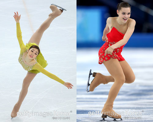 소치올림픽 피겨 여자 싱글에서 1-2위를 차지한 김연아(왼쪽)와 아델리나 소트니코바. 사진제공=Gettyimages/멀티비츠