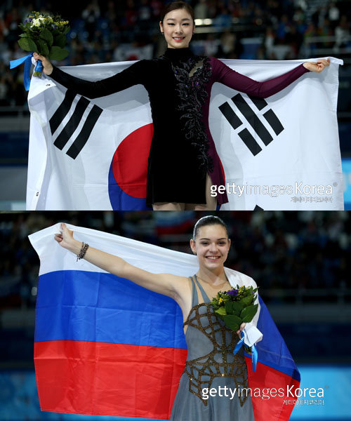 소치올림픽 피겨스케이팅 여자 싱글 은메달을 차지한 김연아와 금메달을 받은 아델리나 소트니코바. 사진제공=Gettyimages/멀티비츠