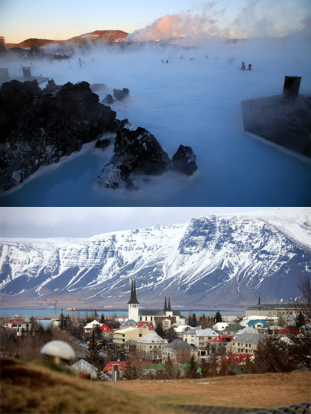 아이슬란드 관광의 랜드마크인 초대형 유황노천온천욕장 블루라군(위쪽). 아래쪽은 아이슬란드의 수도 레이캬비크 시가. 지구상 수도 중 가장 북쪽(북위 64도)에 있다.