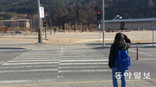 지난달 27일 경남 남해군 남해읍 남변리 사거리에서 한 학생이 차가 지나가지 않는데도 무단횡단을 하지 않고 신호가 바뀌기를 기다리고 있다. 남해=김성모 기자 mo@donga.com