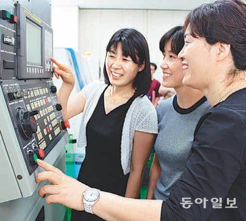 달서여성인력개발센터 연수생들이 대구 서구 한국폴리텍대 실습실에서 컴퓨터수치제어 작동법을 배우고 있다. 대구 달서여성인력개발센터 제공