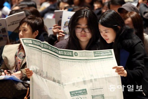 지난해 선택형 수능의 영향으로 하향 지원을 했다가 재수를 결심한 수험생이 늘어나면서 올해 대입 경쟁은 한층 치열해질 것으로 보인다. 지난해 입시업체의 배치표를 보며 대학별 합격선을 따져보는 수험생들. 동아일보DB