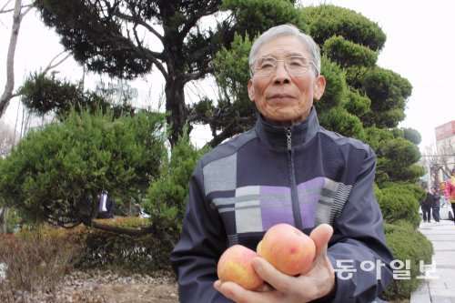 전춘섭 씨가 5일 수확한 지 120여 일이 지났음에도 싱싱한 사과를 들어 보이고 있다. 그는 “냉동보관이 아닌 실온에서 저장한 사과가 생명력도 더 강하다”고 말했다. 이형주 기자 peneye09@donga.com