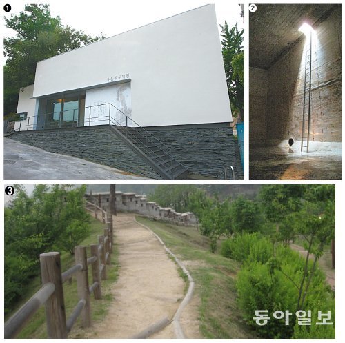 종로구는 2012년 인왕산 자락에 버려져 있던 청운수도가압장과 물탱크를 개조해 윤동주 문학관을 만들었다. 사진은 ①윤동주문학관 ②감옥에서 모티브를 얻어 폐기된 물탱크를 원형 그대로 보존해 만든 전시실 ③시인의 언덕. 종로구 제공