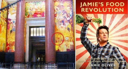미국 자연사박물관 내 벽화 오른쪽 하단에 그려진 욱일기 모습. 제이미 올리버 책 ‘음식혁명(Jamie's Food Revolution)’ 표지에 나온 욱일기
