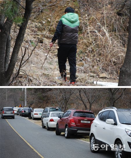 운석이 발견된 경남 진주시 미천면 오방리 일대에 ‘운석 사냥꾼’의 발길이 끊이지 않고 있다. 18일 미천면 오방리 야산에서 한 운석 사냥꾼이 막대기로 낙엽을 헤치며 운석을 찾고 있다(위쪽 사진). 미천면 지방도 1007호
선에는 ‘운석 사냥꾼’이 몰고 온 차량이 줄지어 주차돼 있어 사고 위험이 커지고 있다. 진주=강정훈 기자 manman@donga.com