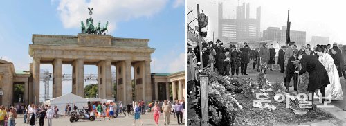 통일 독일의 상징 브란덴부르크 문은 지금…



독일 베를린 브란덴부르크 문은 독일의 상징이다. 분단 시절 동서 베를린의 경계였으며 1961년 베를린 장벽이 세워지면서 허가받은 사람만이 이 문을 통해 양쪽을 오갈 수 있었다. 브란덴부르크 문은 독일 통일의 서막을 연 1989년 11월 베를린 장벽 붕괴와 함께 영구 개방됐다. 오른쪽 작은 사진은 1964년 독일을 방문한 박정희 대통령 부부가 베를린 장벽에 헌화하는 모습.

베를린=전승훈 특파원 raphy@donga.com·청와대 제공