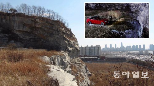 골재를 채취하다가 중단돼 절반이 파헤쳐진 인천 연수구 옥련동 송도석산. 작은 사진 속 장면인 TV 드라마 ‘별에서 온 그대’에서 주인공 도민준(김수현)이 목숨을 잃을 위기에 빠진 천송이(전지현)를 구출한 장소로 알려져 유명해졌다. 김영국 동아닷컴 객원기자 press82@donga.com