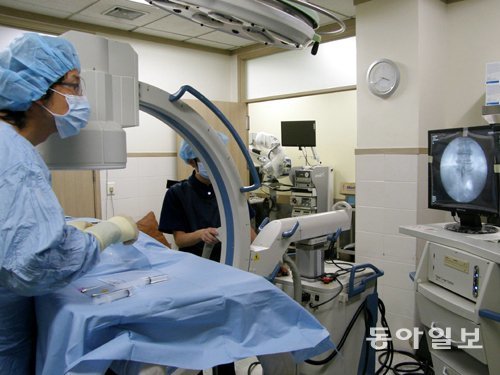 제일정형외과병원 의료진이 허리 통증 환자를 대상으로 비수술적 치료인 신경성형술을 진행하고 있다. 제일정형외과병원 제공