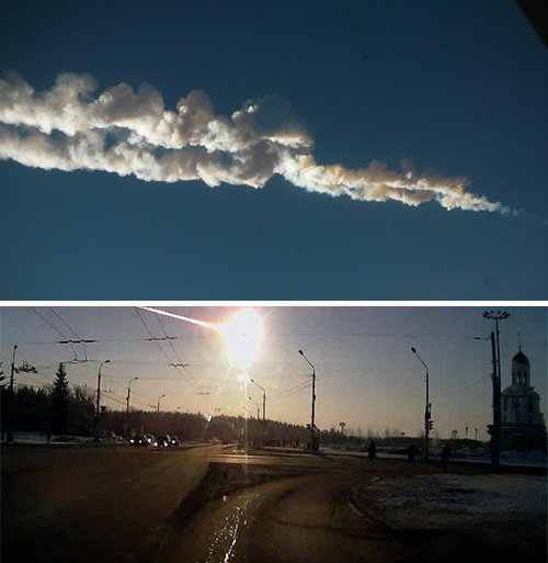 2013년 2월 15일 오전 9시 20분(현지 시간) 러시아 첼랴빈스크 주. 지구 중력에 끌려 들어온 지름 20m 크기의 유성체는 초속 19km로 대기권에 진입해 첼랴빈스크 상공을 250km 넘게 가로질렀다(위쪽 사진). 이 유성체는 약 30km 상공에서 가장 밝게 빛났는데 목격자들은 “태양보다 밝게 빛났다”고 증언했다. 사진 출처 위키피디아·동아일보DB