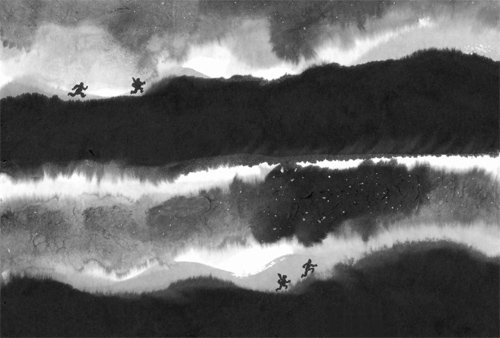 제주도4·3사건을 형상화한 그래픽 노블 ‘지슬’의 한 장면. 만화는 움직이는 원작 영화의 장면 장면을 붓과 먹을 써서 유려한 수묵화로 포착해냈다. 서해문집 제공