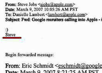 스티브 잡스 애플 공동창업자가 2007년 3월 9일 에릭 슈밋 구글 회장에게 보낸 e메일. ‘스티브’라는 서명 위에 ‘:)’라는 이모티콘 단 하나만 보인다. 사진 출처 인디펜던트