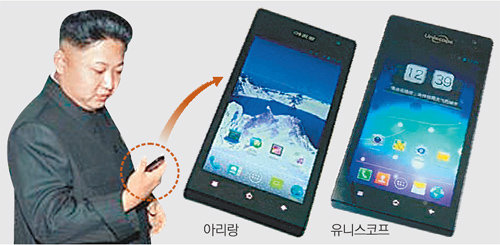 북한 김정은 노동당 제1비서가 지난해 5월 전자제품 공장을 방문해 자체 개발했다는 스마트폰 ‘아리랑’을 살펴보고 있다. 하지만 아리랑 스마트폰은 중국의 저가 브랜드인 유니스코프 ‘U1201’의 복제 스마트폰인 것으로 드러났다. 사진 출처 IEEE스펙트럼