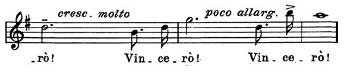푸치니 ‘잠들지 말라’의 악보 끝 부분. ‘빈체로(Vincero)’ 부분의 음표를 늘이지 않도록 되어 있다.