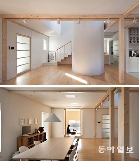 1층이 비어있는 공간임을 강조하기 위해 화장실을 벽에 붙이지 않고 원통형으로 설치했다(위쪽 사진). 거실보다 높게 만든 사랑방은 테라스와 연결돼 집의 안과 밖을 자연스럽게 연결하는 매개 역할을 한다.