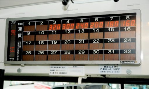 일본버스는 거리기준으로 요금을 산정하는데 버스실내에 장치한 버스요금 안내판이다. 내가 뽑은 정리권에 적힌 번호 아래 금액이 내릴 정류장까지 요금이다.