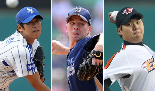 뛰어난 활약에도 불운에 우는 투수들이 늘어나고 있다. 삼성 윤성환(왼쪽), NC 외국인투수 찰리 쉬렉(가운데)과 한화 유창식이 3경기에서 선발 출전해 호투를 거듭했지만 아직 1승도 얻지 못했다. 사진｜스포츠코리아·스포츠동아DB