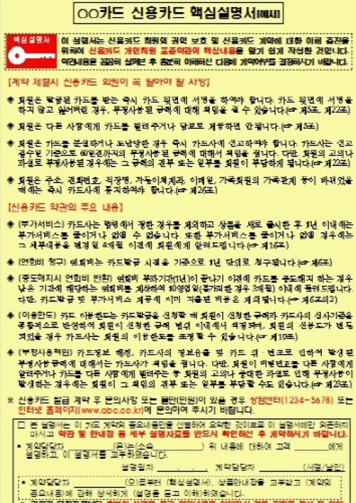 신용카드 핵심 설명서. 사진 = 금융감독원