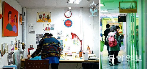 젊은 예술가들의 작업공간이자 마케팅 공간인 서울 중구 중앙시장 내 ‘신당 창작 아케이드’에서는 예술가들이 작업하는 모습을 가까이에서 지켜볼 수 있다. 썰렁했던 지하상가에 아케이드가 생기면서 시장도 활성화되고 있다. 서울문화재단 제공