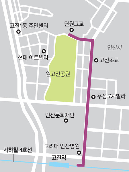 지하철 4호선 고잔역에서 북쪽으로 1.5km 직진 거리에 위치한 단원고교. 지도만 봐도 한눈에 계획도시라는 게 들어온다.