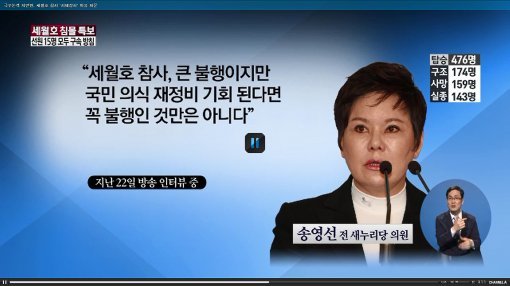 세월호 침몰, 송영선 (출처= 채널A 보도 영상 갈무리)