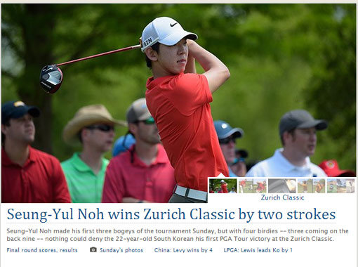노승열의 PGA 투어 취리히 클래식 우승 소식을 전한 PGA 투어 홈페이지. 사진｜PGA 투어 홈페이지 화면 캡처