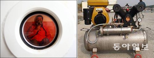 잠수사 체내에 쌓인 질소 공기방울을 빼는 ‘기압조절실’(왼쪽), 호스로 머구리에게 압축공기를 공급하는 ‘기체압축기’(오른쪽). 장승윤 기자 tomato99@donga.com·한국산업잠수기술인협회 제공