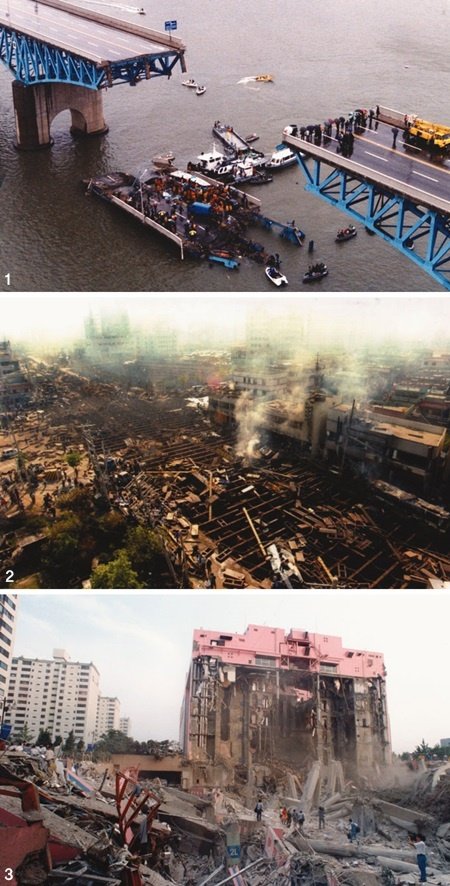 1990년대 한국에서 일어난 주요 ‘후진국형 재난’. 1 1994년 10월 21일 서울 한강 성수대교 붕괴(32명 사망). 2 95년 4월 28일 대구 지하철 공사현장 가스 폭발(101명 사망). 3 95년 6월 29일 서울 삼풍백화점 붕괴(502명 사망).