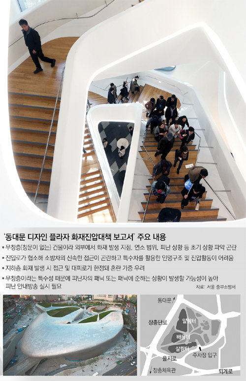 3월 21일 개관해 하루 3만여 명이 찾는 서울 시내 명소가 된 동대문디자인플라자(DDP)가 외관을 뒤덮은 알루미늄 패널 때문에 화재 진압에 허점이 많은 것으로 드러났다. 곡선미를 살린 내부 계단(왼쪽)은 디자인적으로는 아름답지만 신속한 화재 대피에는 걸림돌이 될 수 있다는 지적이 나온다. 동아일보DB·뉴스1