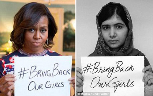 “소녀들을 돌려달라” 나이지리아 납치 소녀들에 대한 국제사회의 관심을 촉구하기 위해 버락 오바마 미국 대통령의 부인 미셸 오바마 여사(왼쪽)와 파키스탄의 여성 교육운동가 말랄라 유사프자이 양이 ‘우리의 소녀들을 돌려 달라’라고 적힌 종이를 들고 찍은 사진을 트위터에 올렸다. 사진 출처 미셸 오바마·말랄라 유사프자이 트위터