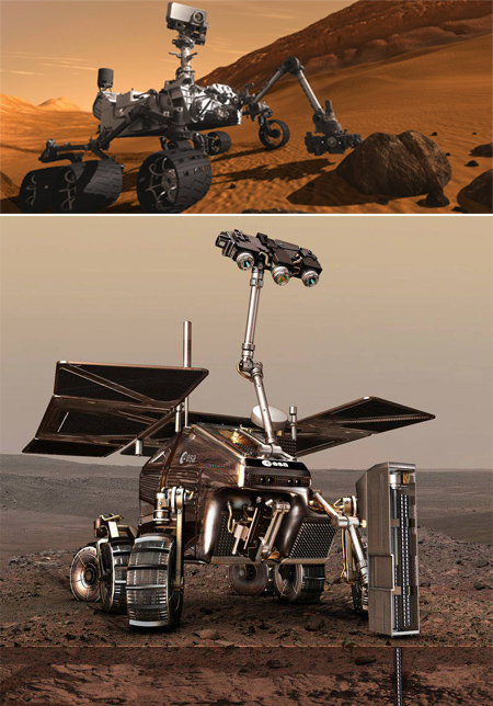 로봇으로 우주 광물을 채집하려는 시도가 세계적으로 활발하다. 미국항공우주국(NASA)의 ‘큐리오시티’(위쪽 사진)는 암석 표면에 레이저를 발사해 화성의 구성 물질을 분석하고 있다. 유럽우주국(ESA)은 2018년 발사 예정인 ‘엑소마스’(아래쪽 사진)에 화성 표면을 약 2m 깊이로 뚫을 수 있는 드릴링 시스템을 장착할 예정이다. 출처 미국항공우주국(NASA)·동아일보DB