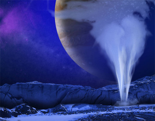 목성의 위성 유로파의 상상도. 지구의 2배가 넘는 물을 지닌 유로파는 암석 위에 물이 가득하고, 그 위를 단단한 얼음층이 덮고 있는 구조다. 그 얼음을 뚫고 때로 물이 분수처럼 솟는다. 출처 미국항공우주국(NASA)·유럽우주기구(ESA)