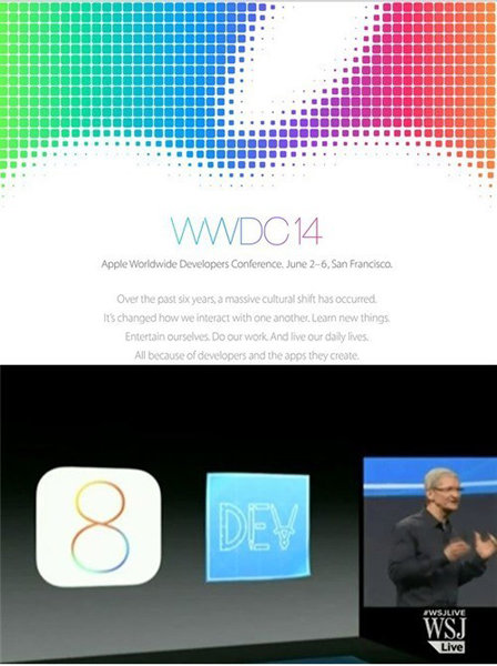애플의 새로운 모바일 운영체제(OS) ‘iOS8’이 공개되면서 ‘헬스케어’와 ‘스마트홈’ 분야가 차세대 IT격전지로 부상했다. 팀쿡 애플 최고경영자(CEO)가 미국 샌프란시스코 모스콘센터에서 열린 WWDC에서 iOS8을 소개하고 있다. 사진｜wwdc 홈페이지 캡처·WSJ Live 화면 캡처