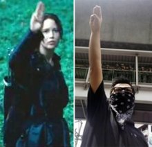 영화 ‘헝거 게임’에서 선보인 ‘세 손가락 신호’(왼쪽). 1일 태국 방콕 시내에서 시위자들이 영화에 나오는 수신호를 쓰면서 군부 쿠데타에 반대하는 의사를 표시하고 있다. 글로스터 홈페이지