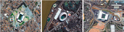 2006년과 2012년 각각 발사된 다목적실용위성 ‘아리랑 2호’와 ‘아리랑 3호’가 고해상도 전자광학카메라로 우주에서 촬영한 브라질 월드컵 경기장들. 한국항공우주연구원 제공