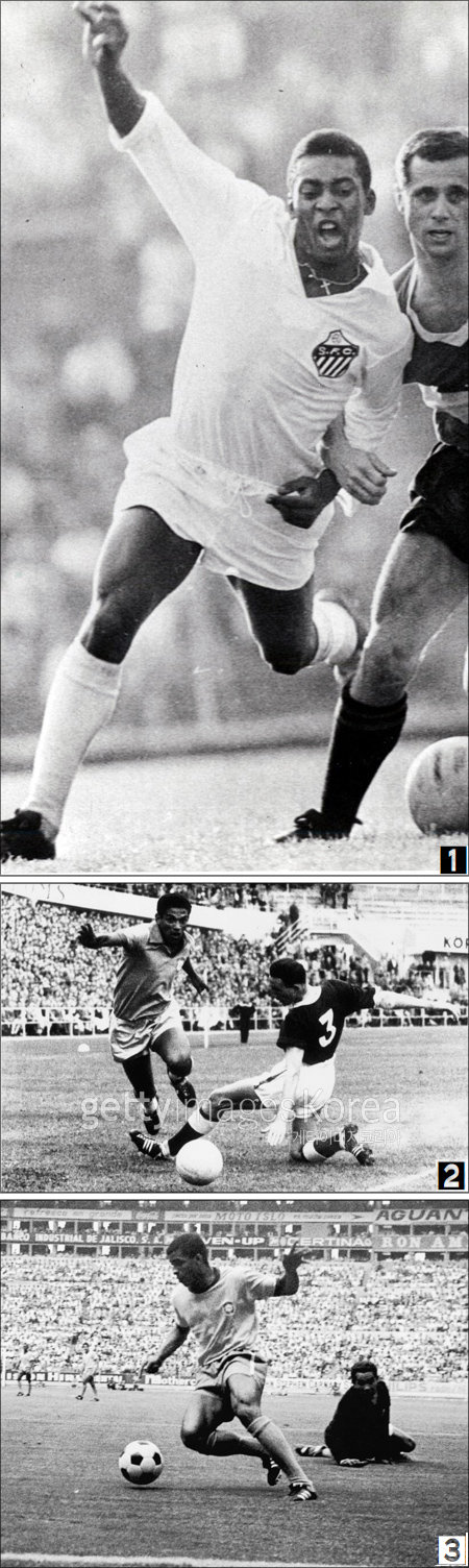 [1] ‘축구황제’ 펠레는 화려한 개인기와 골 결정력으로 1958년 스웨덴(우승), 1962년 칠레(우승), 1966년 잉글랜드, 1970년 멕시코 월드컵(우승)까지 4회 연속 출전해 3회 우승이란 금자탑을 쌓았다. 동아일보DB

[2] 브라질의 전설 ‘말란드루’ 축구선수의 전형으로 꼽히는 가린샤(왼쪽)가 1958년 스웨덴 월드컵 8강전에서 
웨일스의 수비수 멜 홉킨스를 따돌리고 드리블하고 있다. 브라질의 1-0 승리. 가린샤는 이 월드컵에서 브라질에 첫 월드컵을 안긴 
주역으로 활약했고 4년 뒤 칠레 월드컵에서도 브라질 우승의 일등공신이 됐다. GettyImages 멀티비츠

[3] 브라질 자이르지뉴(왼쪽)가 페루와의 1970년 멕시코 월드컵 8강에서 3-1이던 후반 25분 상대 골키퍼까지 제치고 쐐기골을 넣고 있다. 동아일보DB