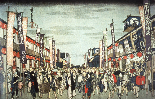 19세기 초 일본 화가 우타가와 히로시게(歌川廣重)가 그린 우키요에 ‘동도명소도(東都名所圖)’. 에도의 니조초(二丁町) 거리의 가부키(歌舞伎) 극장가를 광고할 목적으로 그렸다.