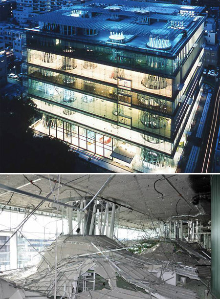이토 도요오 씨가 설계한 센다이 미디어테크의 전경(위)과 2011년 동일본 대지진 후 7층 천장 일부가 내려앉은 모습. 이토 도요오 건축설계사무소 제공