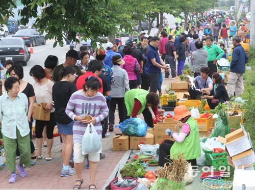 경기 안성시 아양로(주공아파트 뒤) 300여 m의 길바닥에 펼쳐진 농산물직거래 로컬푸드 새벽시장. 상추 가지 아욱 비름나물에서부터 참기름 깻잎모종 자연산우렁이까지 없는 게 없다. 마치 옛날 시골장터가 되살아난 듯 삶의 활력이 넘친다. 농민들은 안정된 판로를 확보해서 좋고, 도시주민들은 싱싱하고 안전한 농산물을 값싸게 사서 좋다. 역시 안성맞춤 고을이다. 박경모 전문기자 momo@donga.com