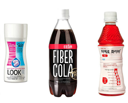 한국야쿠르트 ‘룩’, 하이트진로음료 ‘이다 화이버 콜라’, 현대약품 ‘미에로화이바’ (왼쪽부터)