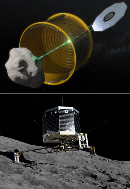 미국항공우주국(NASA)이 2019년 발사할 소행성 탐사선 ‘옵션 A’. 옵션 A는 원통형의 포획망 안에 지름 10m 정도의 소행성을 집어넣은 뒤 달 근처 궤도까지 끌고 온다(위쪽 사진). 이와 함께 NASA는 지름이 100∼500m로 비교적 큰 소행성에는 탐사선 ‘옵션 B’를 착륙시켜 광물 일부를 채집해 귀환시키는 계획을 추진하고 있다. 유럽우주국(ESA)도 착륙로봇 ‘필레’(아래쪽 사진)를 탑재한 혜성 탐사선 ‘로제타’를 보내 11월 ‘67P/추류모프-게라시멘코’라는 혜성의 표면에서 다양한 연구를 진행할 예정이다. 사진 출처 미국항공우주국(NASA)·유럽우주국(ESA)