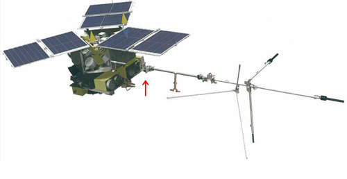 러시아 과학실험 위성 ‘레렉’. 화살표로 표시된 부분에 대기관측장치 엠텔-2가 실려 있다. 한국연구재단 제공