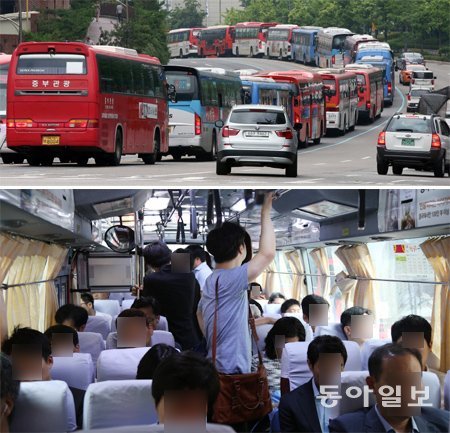 버스 증차로 서울 도심도 ‘꽉꽉’… 일부 시민항의에 입석 허용도 수도권에서 서울로 진입하는 
광역버스들이 입석금지 시행 첫날인 16일 오전 서울 중구 명동 버스중앙차로에 길게 늘어서 있다. 이날 남산1호터널∼종로2가사거리 
구간은 수도권에서 유입되는 광역버스가 늘어나 버스정류장에서 승하차가 지연되면서 극심한 교통 체증을 겪었다(위). 이날 출근시간대 
경기 성남시 분당에서 서울 광화문 인근으로 향하는 한 광역버스가 여전히 입석 승객을 태우고 경부고속도로를 지나고 있다. 시민들이 
이매촌 한신아파트 정류장에서 버스를 수차례 놓쳐 거세게 항의하자 시청 교통담당 관계자가 마지못해 입석 승차를 허용했다. 박영대 기자 sannae@donga.com