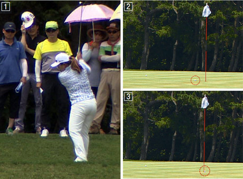 돌돌 구르다 ‘땡그랑’ ‘골프 여왕’ 박인비가 아마추어와 프로를 통틀어 공식 대회에서 생애 첫 홀인원을 기록했다. 국내 언론 가운데 채널A가 유일하게 이 장면을 카메라에 담았다. 3번홀(파3)에서 특유의 코킹을 하지 않는 스윙으로 6번 아이언 티샷을 하고 있는 박인비(1번 사진). 그린 앞쪽에 떨어진 공이 깃대를 향해 굴러가고 있다(2번 사진). 홀 안으로 사라지기 직전의 공(3번 사진). 채널A 제공