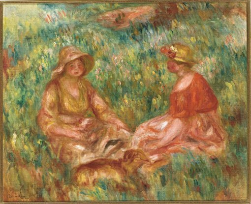 피에르 오귀스트 르누아르 ‘풀밭의 두 여인’ 캔버스에 유채, 47 x 56.5 cm, 1910년＇행복을 그린 화가＇라는 별명을 달았던 르누아르. 전원생활과 여성미를 연결해 행복하고 평화로운 장면을 담았다.